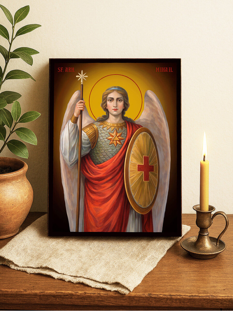 Icoană ortodoxă cu Sfântul Arhanghel Mihail cu fundal galben luminos