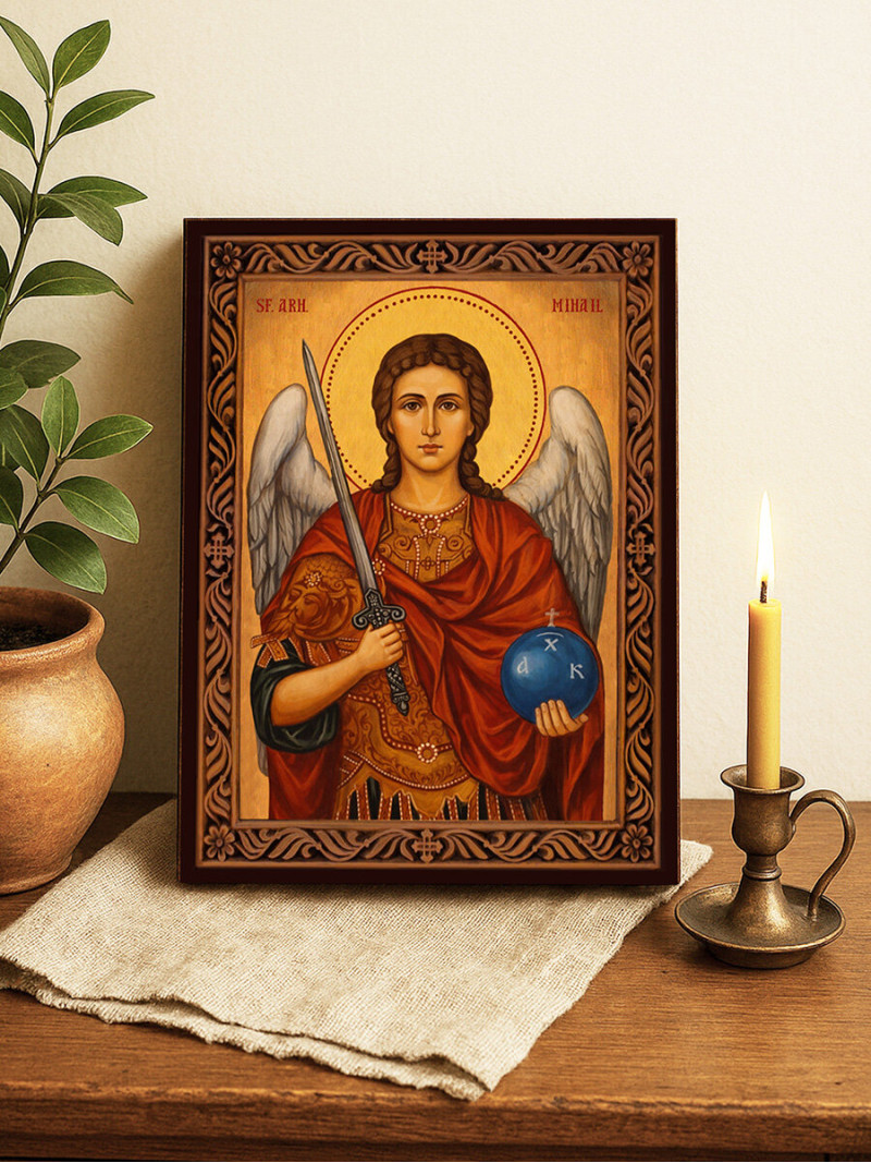 Icoană ortodoxă cu Sfântul Arhanghel Mihail cu ramă decorativă stil sculptat