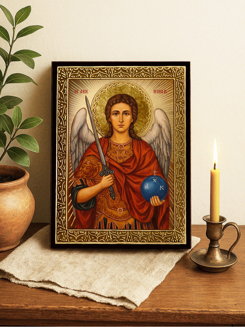 Icoană aurită cu Sfântul Arhanghel Mihail cu raze decorative