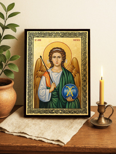 Icoană aurită cu Sfântul Arhanghel Rafail și ramă decorativă