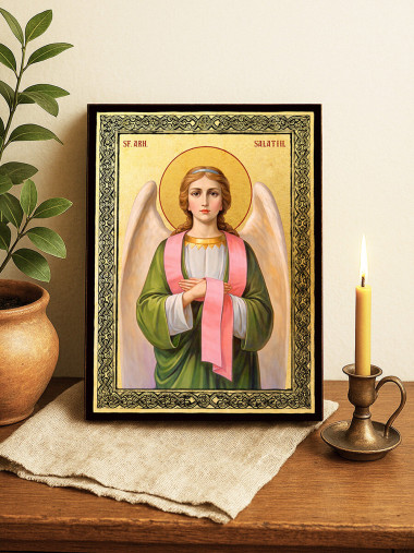 Icoană aurită cu Sfântul Arhanghel Salatiil și ramă decorativă