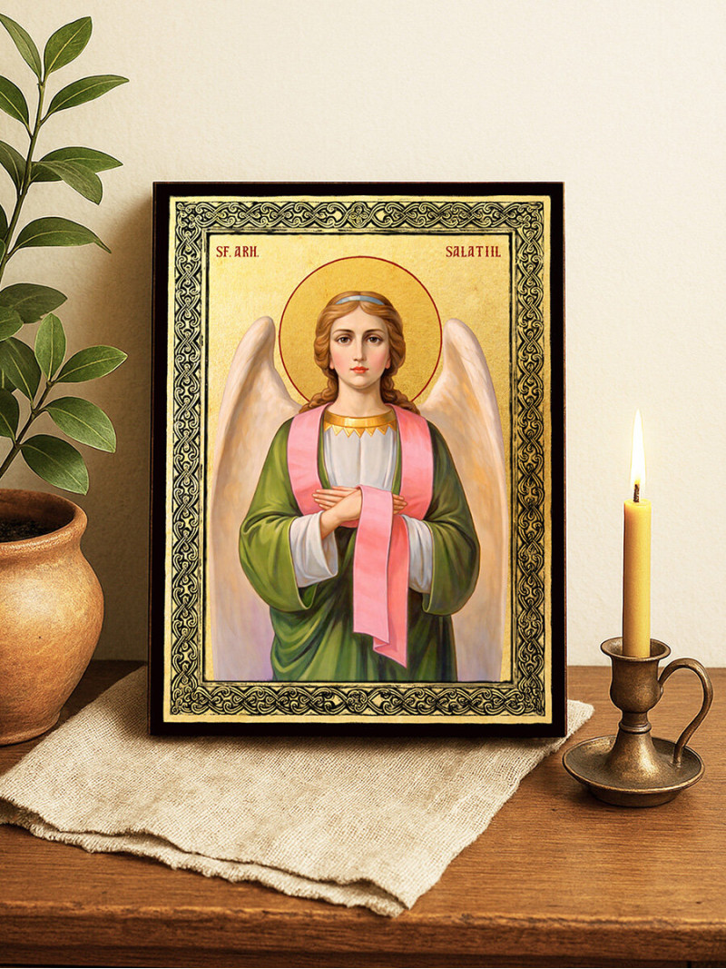 Icoană aurită cu Sfântul Arhanghel Salatiil și ramă decorativă