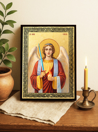 Icoană aurită cu Sfântul Arhanghel Uriil și ramă decorativă