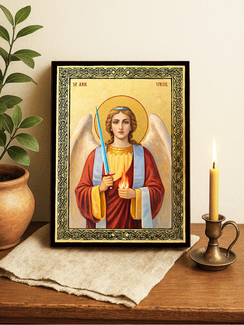 Icoană aurită cu Sfântul Arhanghel Uriil și ramă decorativă