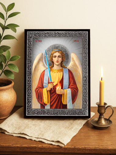 Icoană cu Sfântul Arhanghel Uriil cu raze argintii decorative