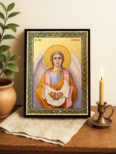 Icoană aurită cu Sfântul Arhanghel Varahiil și ramă decorativă