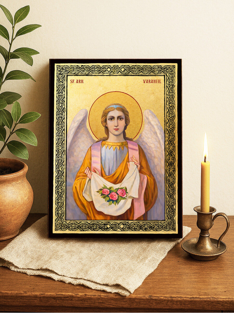 Icoană aurită cu Sfântul Arhanghel Varahiil și ramă decorativă