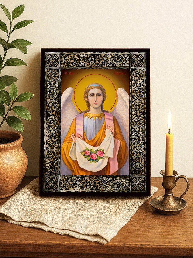Icoană cu Sfântul Arhanghel Varahiil cu ramă florală decorativă