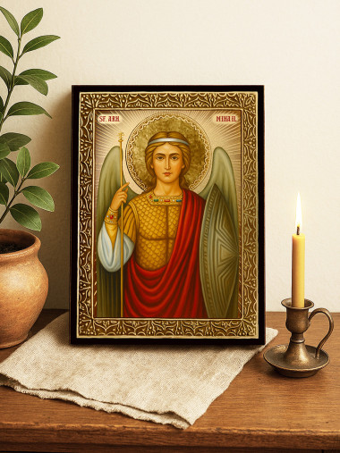 Icoană cu Sfântul Arhanghel Mihail cu raze aurii decorative