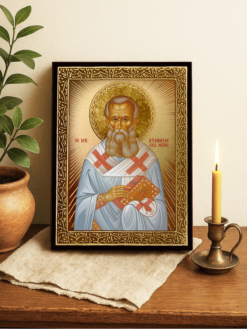 Icoană cu Sfântul Atanasie cel Mare cu raze aurii decorative