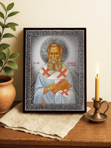 Icoană cu Sfântul Atanasie cel Mare cu raze argintii decorative