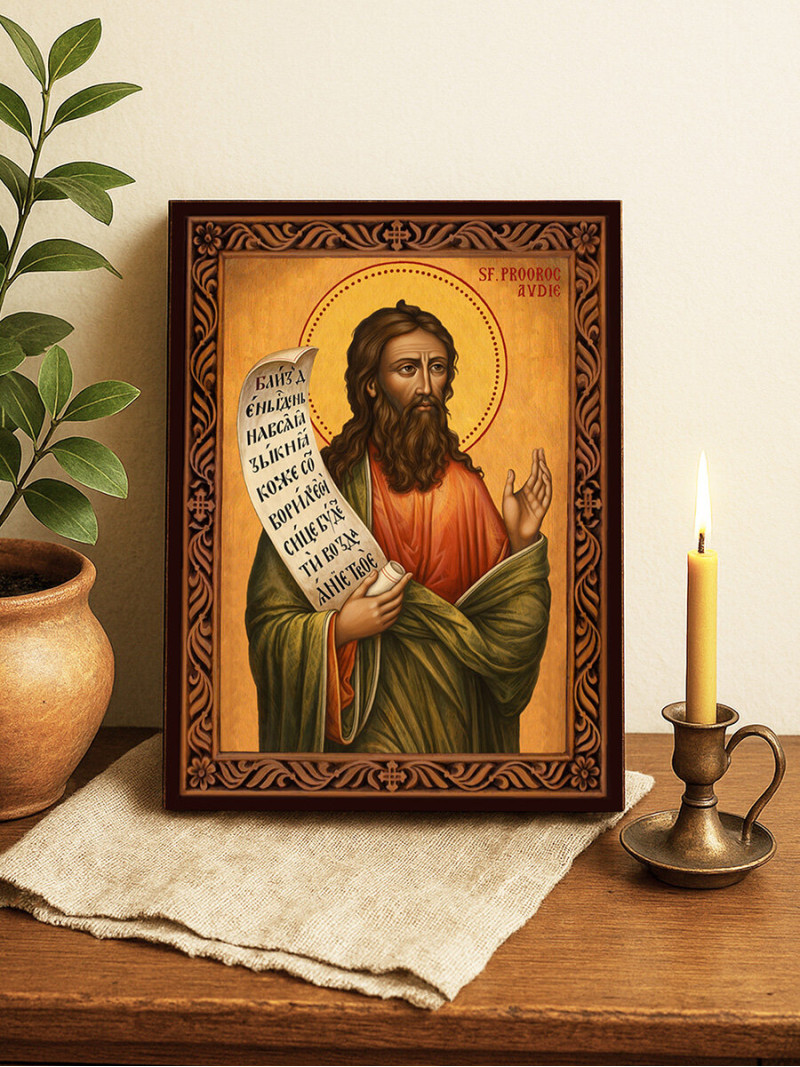 Icoană cu Sfântul Avdie cu ramă decorativă rustică