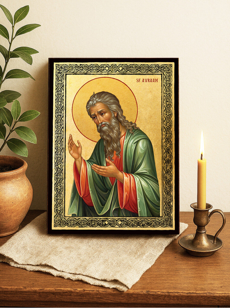 Icoană aurită cu Sfântul Avraam și ramă decorativă