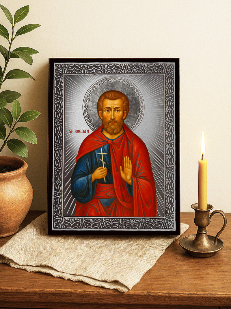 Icoană cu Sfântul Bogdan cu raze argintii decorative