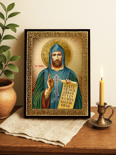 Icoană cu Sfântul Chiril cu raze aurii decorative