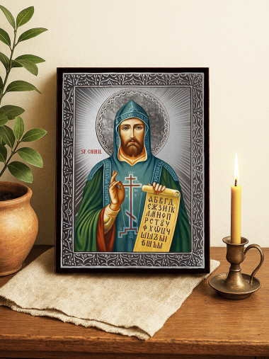 Icoană cu Sfântul Chiril cu raze argintii decorative
