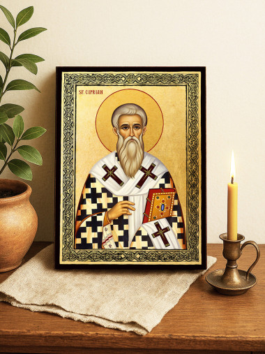 Icoană aurită cu Sfântul Ciprian și ramă decorativă