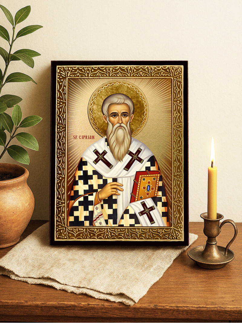 Icoană cu Sfântul Ciprian cu raze aurii decorative
