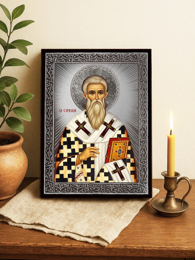 Icoană cu Sfântul Ciprian cu raze argintii decorative