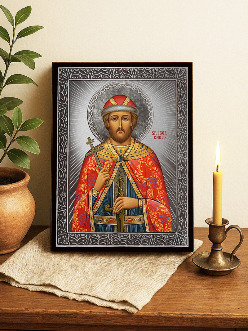 Icoană cu Sfântul Cneaz Igor cu raze argintii decorative