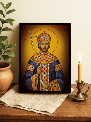 Icoană cu Sfântul Constantin cu fundal galben luminos