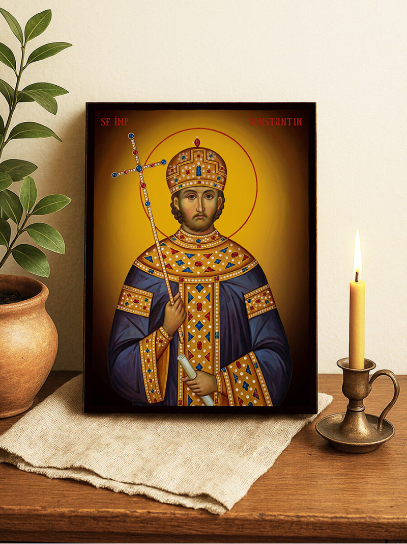 Icoană cu Sfântul Constantin cu fundal galben luminos