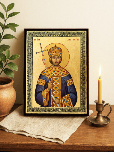 Icoană aurită cu Sfântul Constantin și ramă decorativă