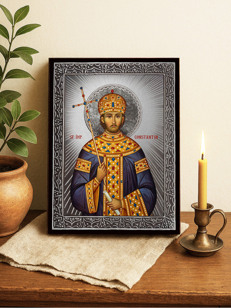 Icoană cu Sfântul Constantin cu raze argintii decorative
