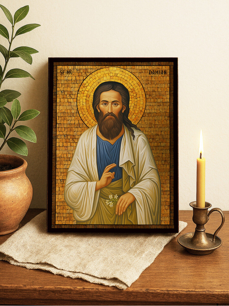 Icoană cu Sfântul Damian cu mozaic auriu decorativ