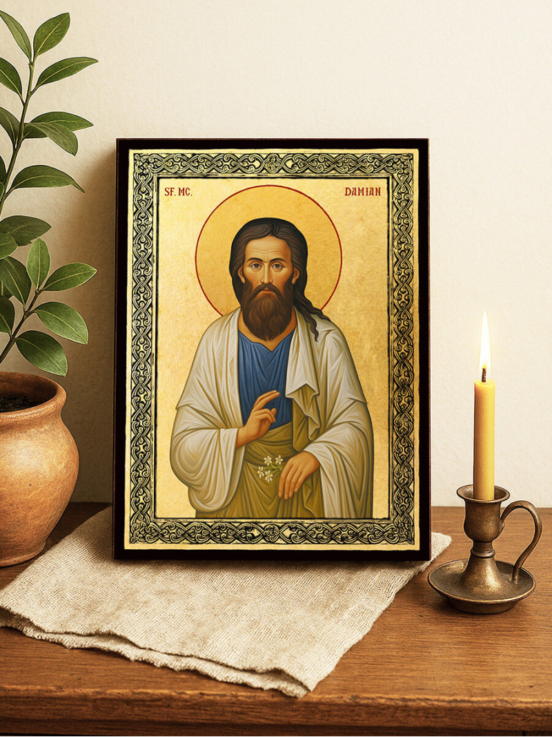 Icoană aurită cu Sfântul Damian și ramă decorativă