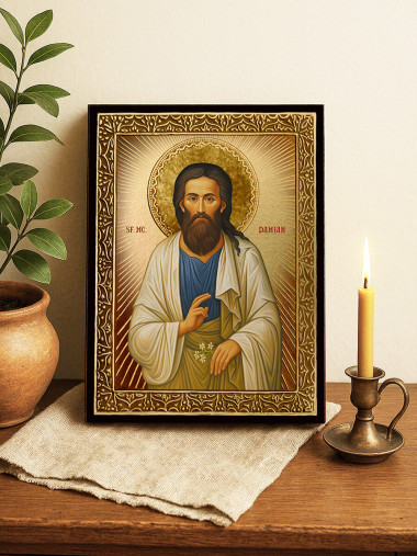 Icoană cu Sfântul Damian cu raze aurii decorative
