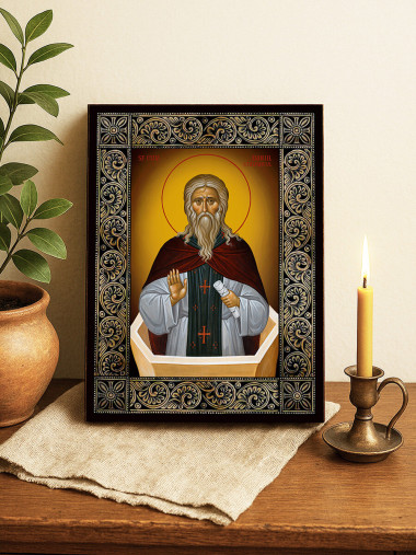 Icoană cu Sfântul Daniel Stâlpnicul cu ramă florală decorativă