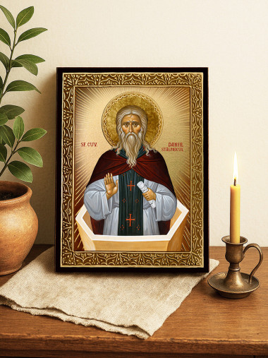 Icoană cu Sfântul Daniel Stâlpnicul cu raze aurii decorative