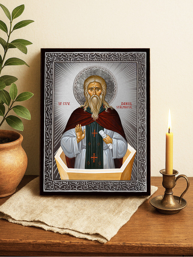 Icoană cu Sfântul Daniel Stâlpnicul cu raze argintii decorative