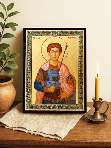 Icoană aurită cu Sfântul Dimitrie și ramă decorativă