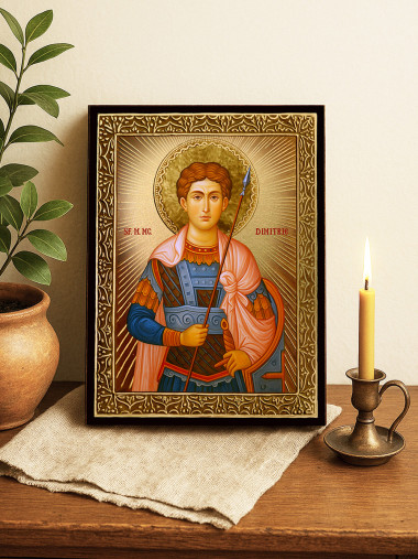 Icoană cu Sfântul Dimitrie cu raze aurii decorative