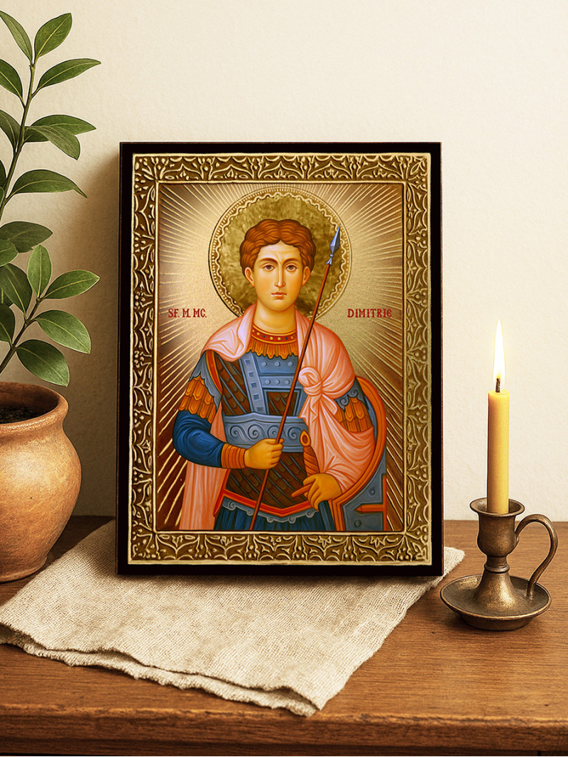 Icoană cu Sfântul Dimitrie cu raze aurii decorative