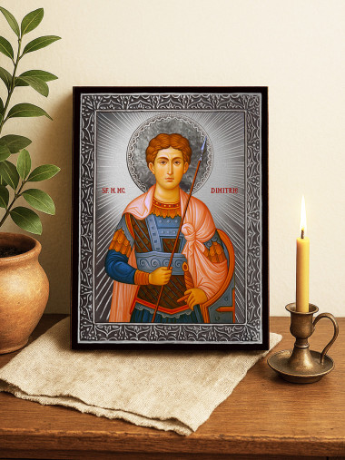 Icoană cu Sfântul Dimitrie cu raze argintii decorative