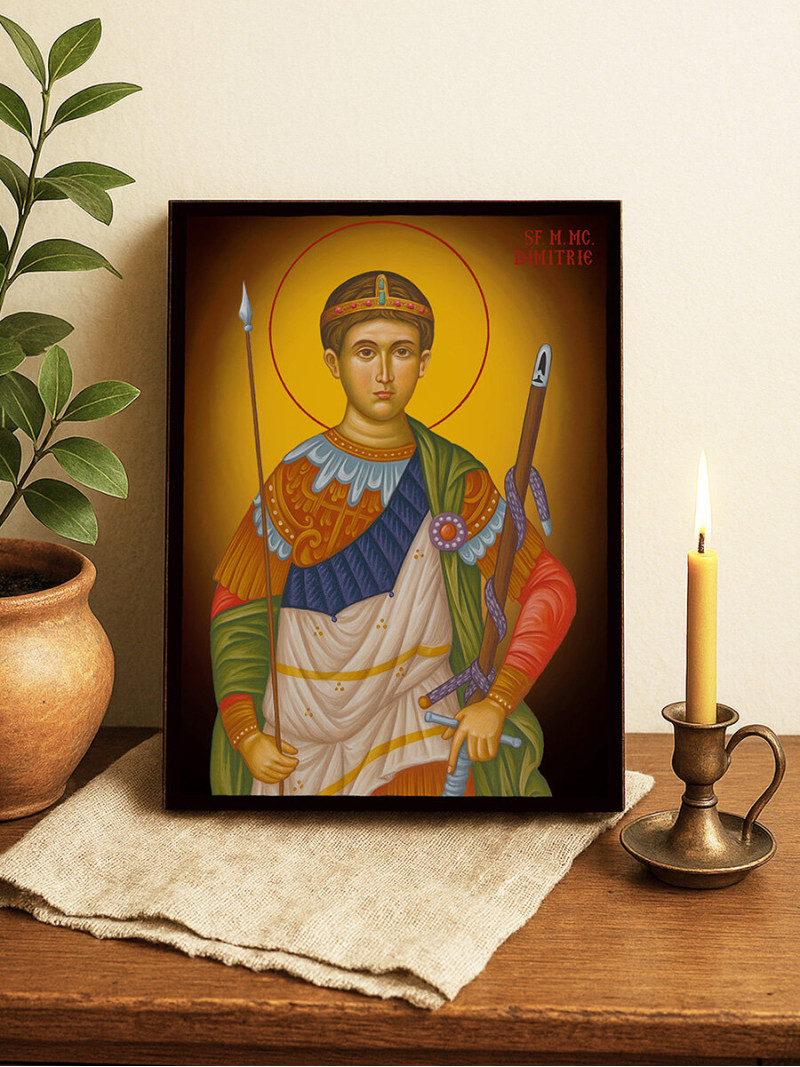 Icoană cu Sfântul Dimitrie cu fundal galben luminos