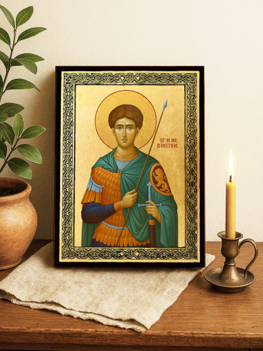 Icoană aurită cu Sfântul Dimitrie și ramă decorativă
