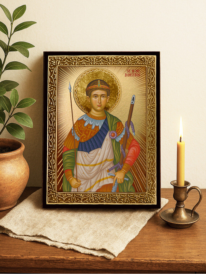 Icoană cu Sfântul Dimitrie cu raze aurii decorative