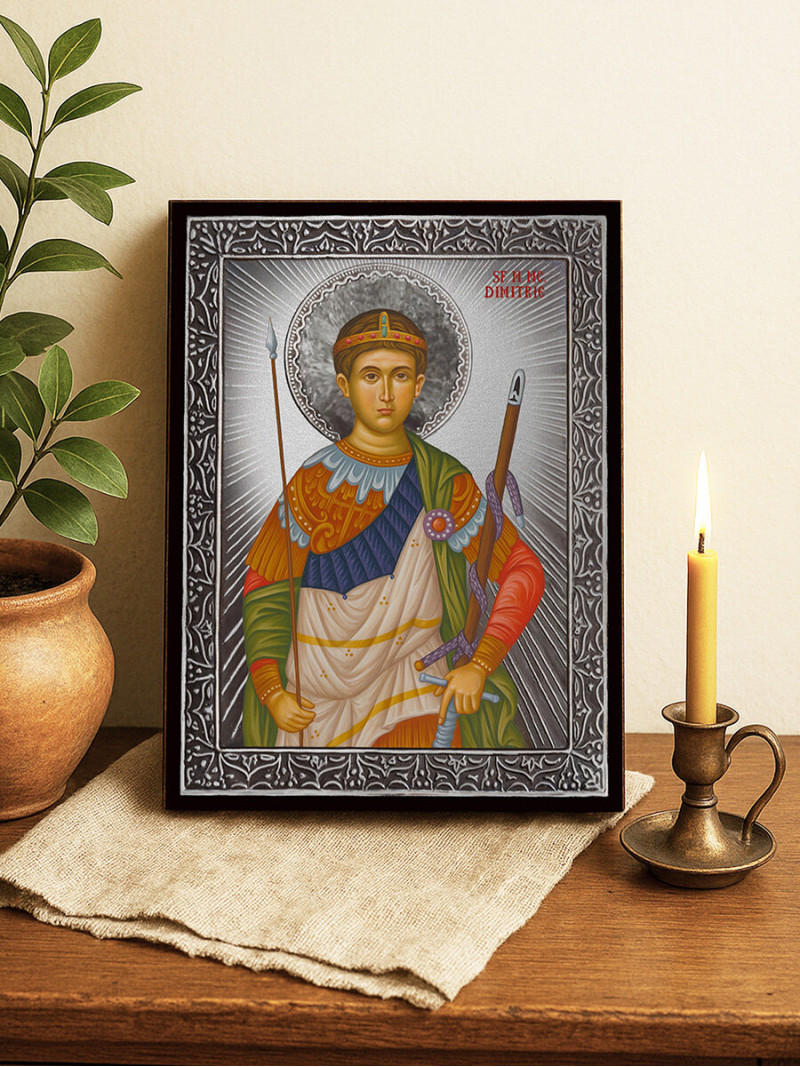 Icoană cu Sfântul Dimitrie cu raze argintii decorative