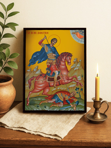 Icoană cu Sfântul Dimitrie pe cal cu fundal galben luminos
