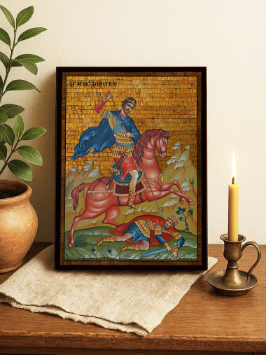 Icoană cu Sfântul Dimitrie pe cal cu mozaic auriu decorativ