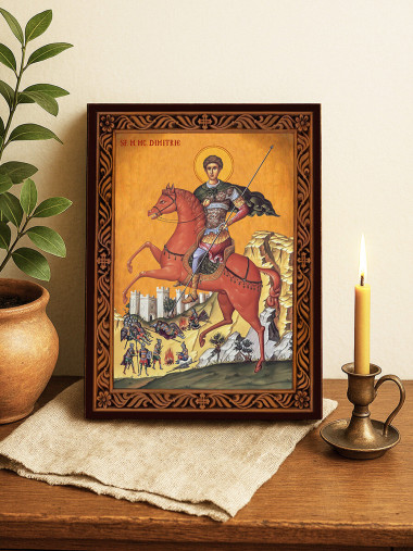 Icoană a Sfântului Dimitrie călare – cu ramă decorativă
