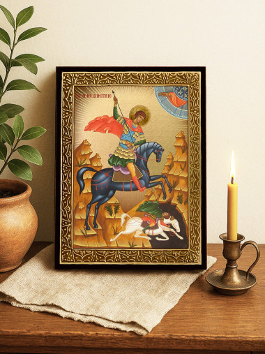 Icoană cu Sfântul Dimitrie pe cal cu raze aurii decorative