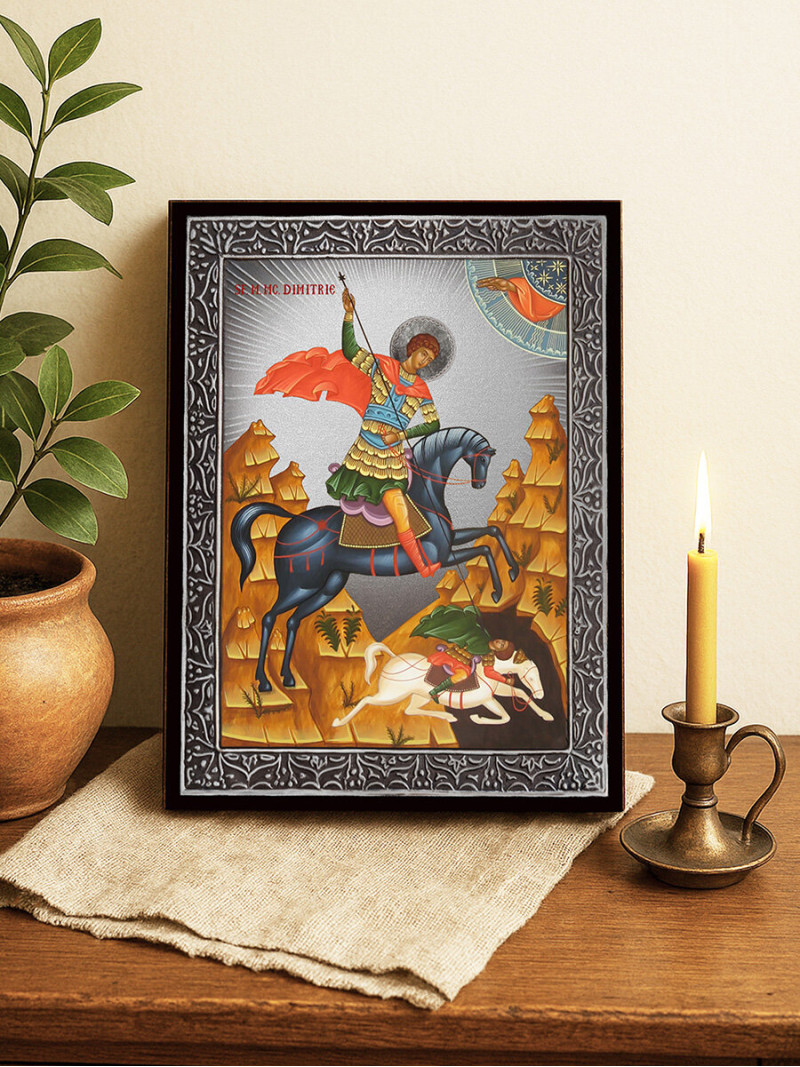 Icoană cu Sfântul Dimitrie pe cal cu raze argintii decorative