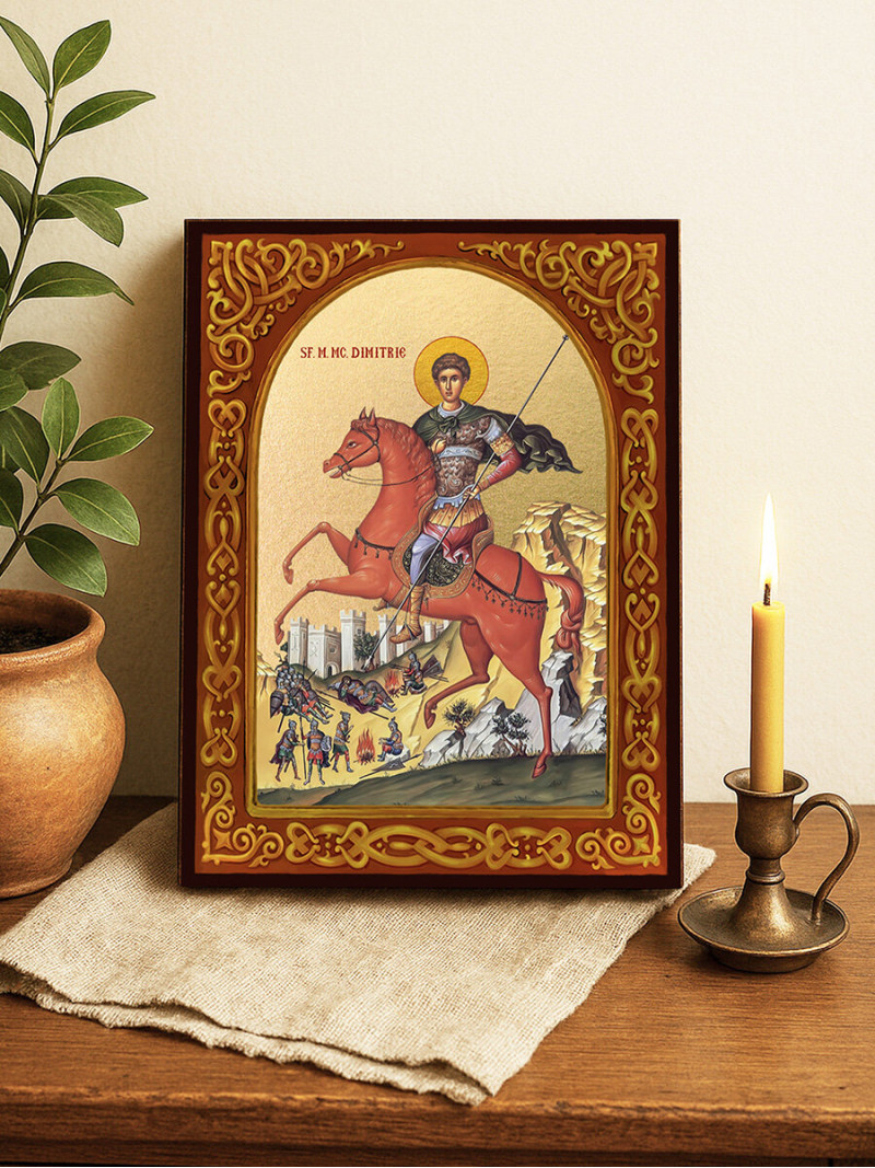 Icoană a Sfântului Dimitrie călare – cu arc floral decorativ