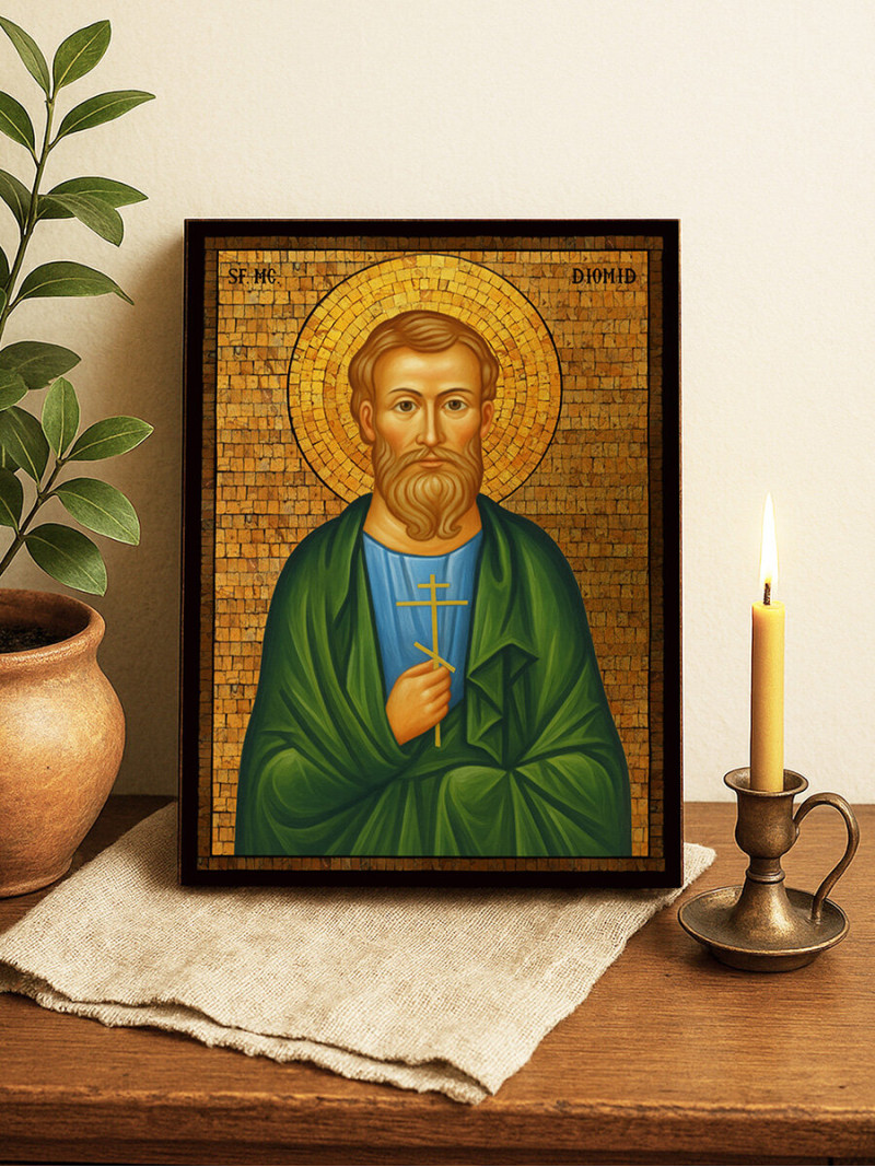 Icoană cu Sfântul Diomid cu mozaic auriu decorativ