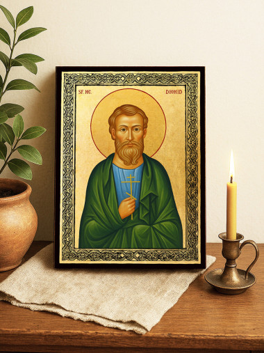 Icoană aurită cu Sfântul Diomid și ramă decorativă